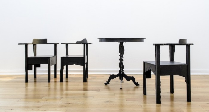 Corner Chairs and Pedestal Table, a collaboration by Gregor Jenkin and William Kentridge, 2012. Courtesy of Southern Guild. Corner Chairs and Pedestal Table, a collaboration by Gregor Jenkin and William Kentridge, 2012. Courtesy of Southern Guild.