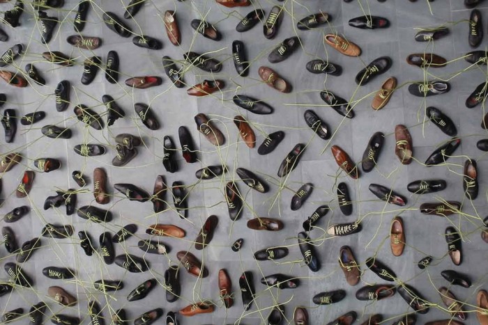 "Field" from 2009 was an installation of 700 eco-friendly shoes whose laces rose up into the air like growing tendrils. "Field" from 2009 was an installation of 700 eco-friendly shoes whose laces rose up into the air like growing tendrils.