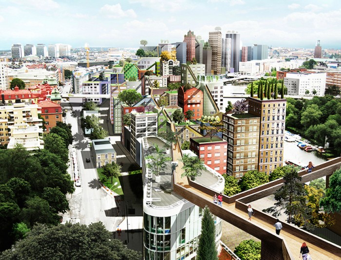 Artist impression of sky city in Stockholm