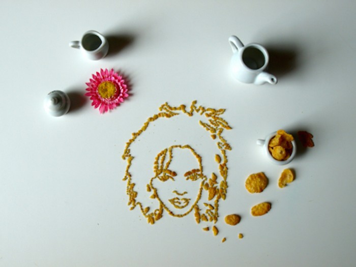 Amongst other things, New York-based artist Sarah Rosado creates celebrity portraits out of crushed cereal flakes