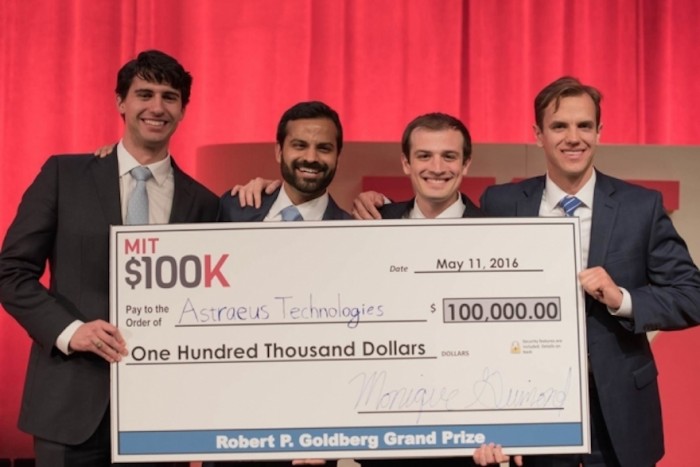 MIT $100K grand-prize-winning team Astraeus Technologies (left to right): Graham Lieberman, Jay Kumar, Alexander Blair, and Joseph Azzarelli. Image Credits: Michael Last/MIT News