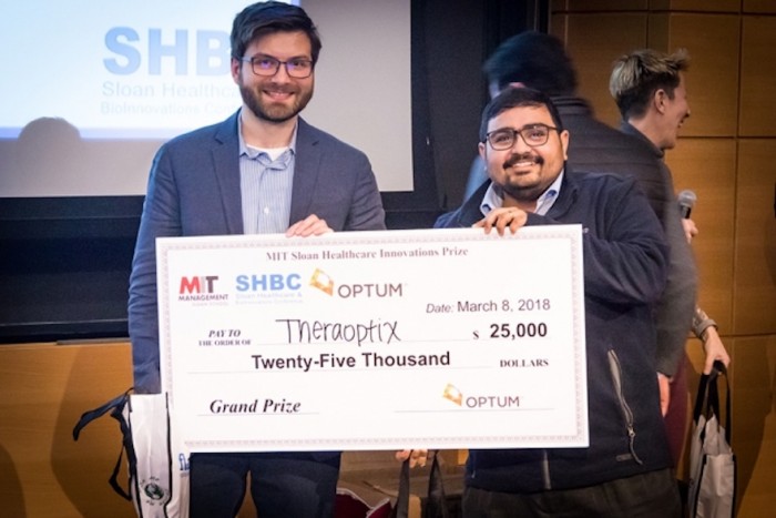 Eight teams pitched novel health care inventions at the annual MIT Sloan Healthcare Innovations Prize competition, held as part of the 16th annual MIT Sloan Healthcare and BioInnovations Conference. The team, Theraoptix (pictured here), took home the $25,000 grand prize, sponsored by health services firm Optum, for contact lenses that deliver medications directly to the eye over days or weeks.