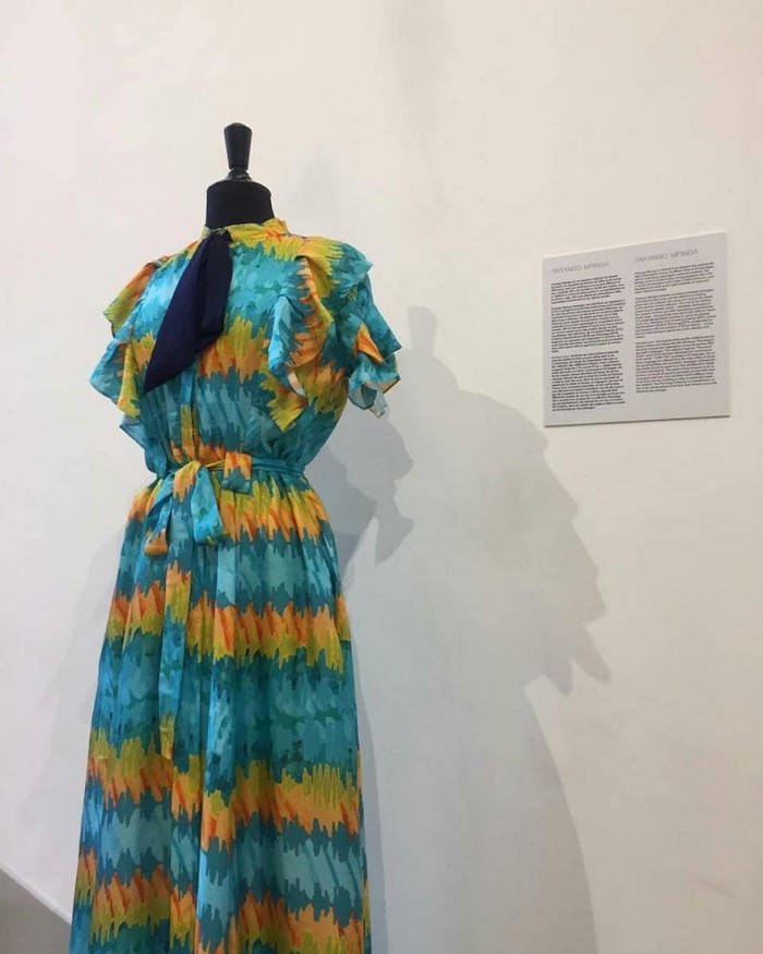 Anyango Mpinga dress with print from sound waves of the words "I love you"