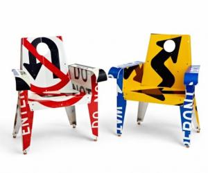 Boris Bally uses discarded street signs as the material for his furniture.