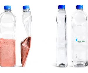 ‘A’Gua water bottles by Donald Thomson are custom-designed plastic water bottles that turn into roofing tiles when empty. 
