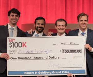 MIT $100K grand-prize-winning team Astraeus Technologies (left to right): Graham Lieberman, Jay Kumar, Alexander Blair, and Joseph Azzarelli. Image Credits: Michael Last/MIT News