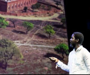 Ibrahim Mahama on stage at Design Indaba