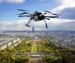 Drone over city - Stock Image 