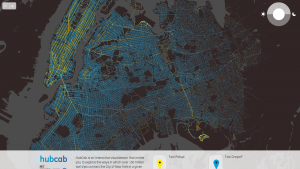 Screenshot of HubCab, showing pickups and drop offs of all 170 million taxi trips over one year in New York City. Image: MIT Senseable City Lab.  