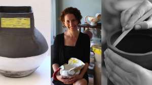 Cape Town ceramicist Kate Rosenberg's Africa-inspired vase from The Berg Collection, left; surrounded by some of her own pieces, as well as a collection of work by Imiso Ceramics and Light from Africa/Art in the Forest, middle; putting the finishing touches to a hand-built vessel vase, right.