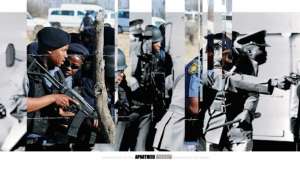Police during the Soweto Riots, 1976 juxtaposed with police during the Marikana strike, 2012. 