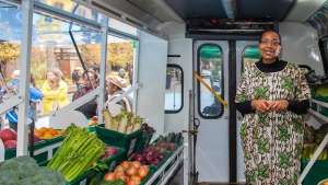 Shelves of fresh produce inside the refurbished FoodShare Truck