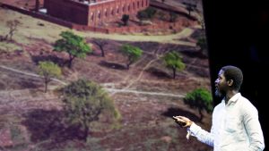 Ibrahim Mahama on stage at Design Indaba