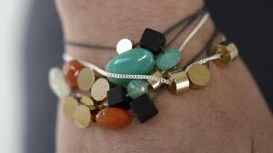 Skermunkil Design Studio's mixed stone and brass bracelets.